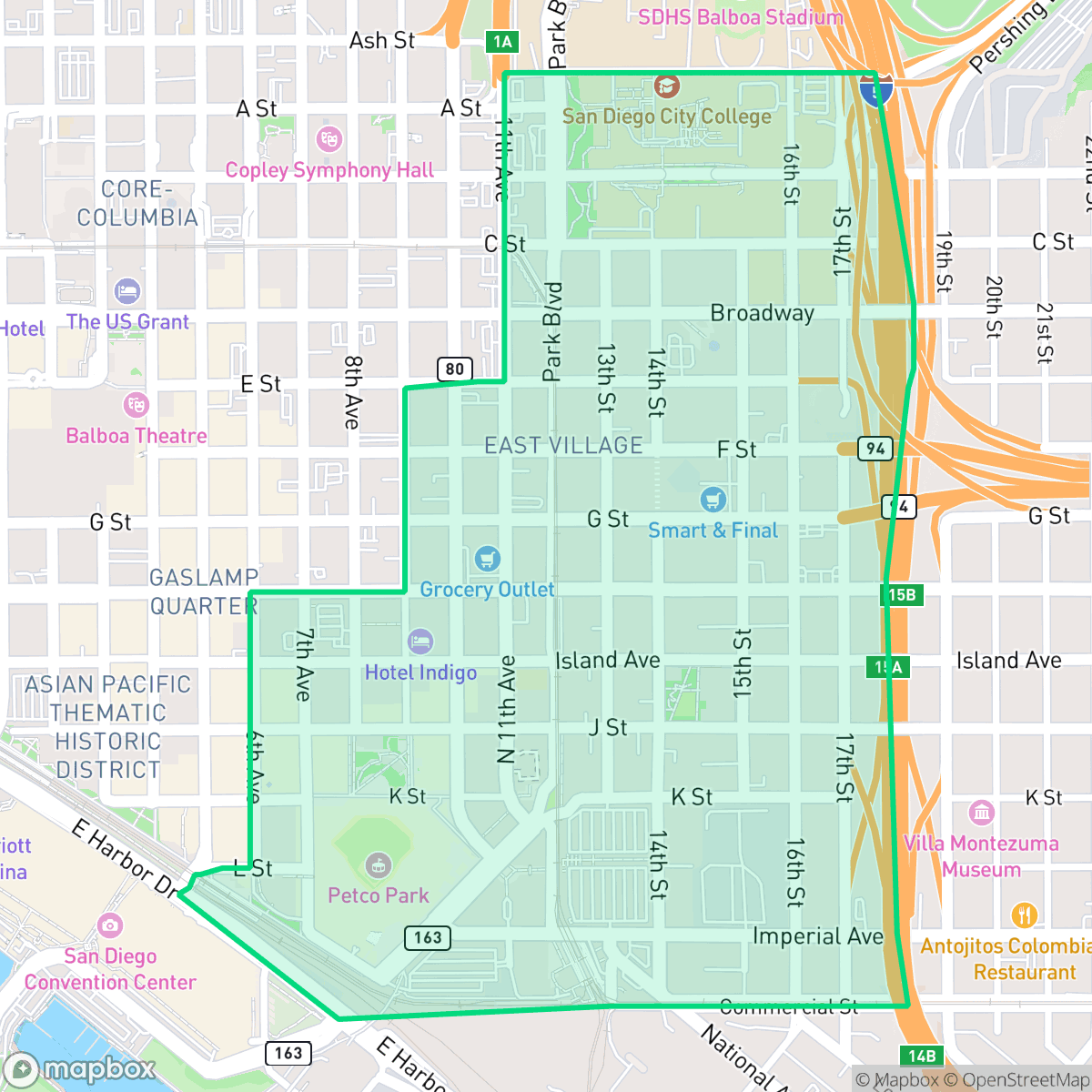 Map showing the location of East Village, San Diego, CA