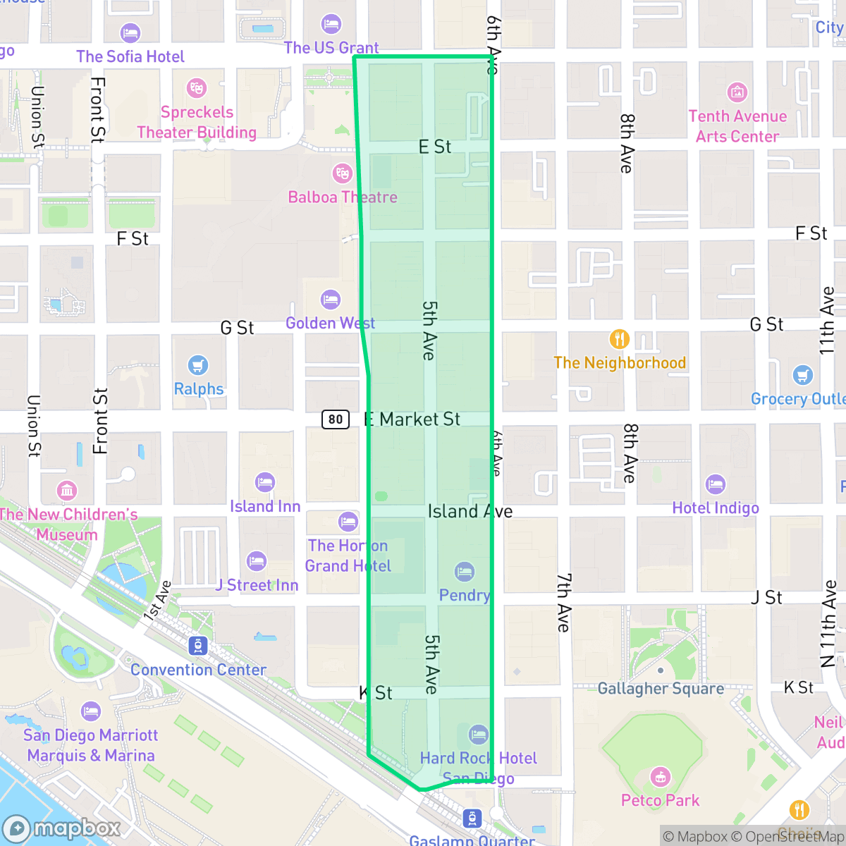 Map showing the location of Gaslamp Quarter, San Diego, CA