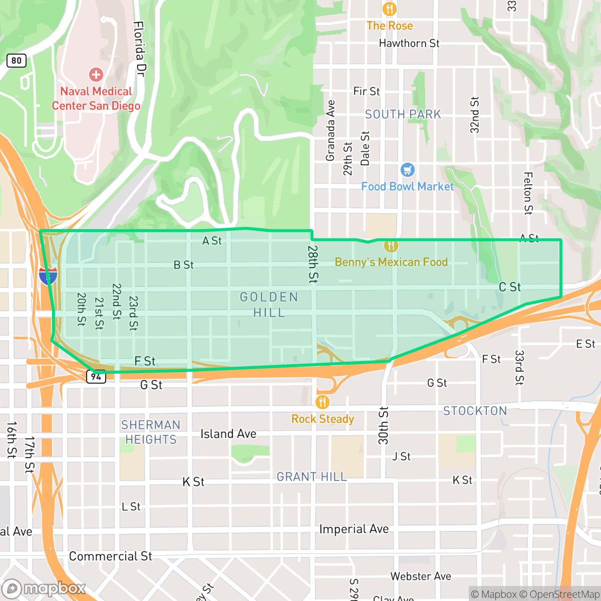 Map showing the location of Golden Hill, San Diego, CA