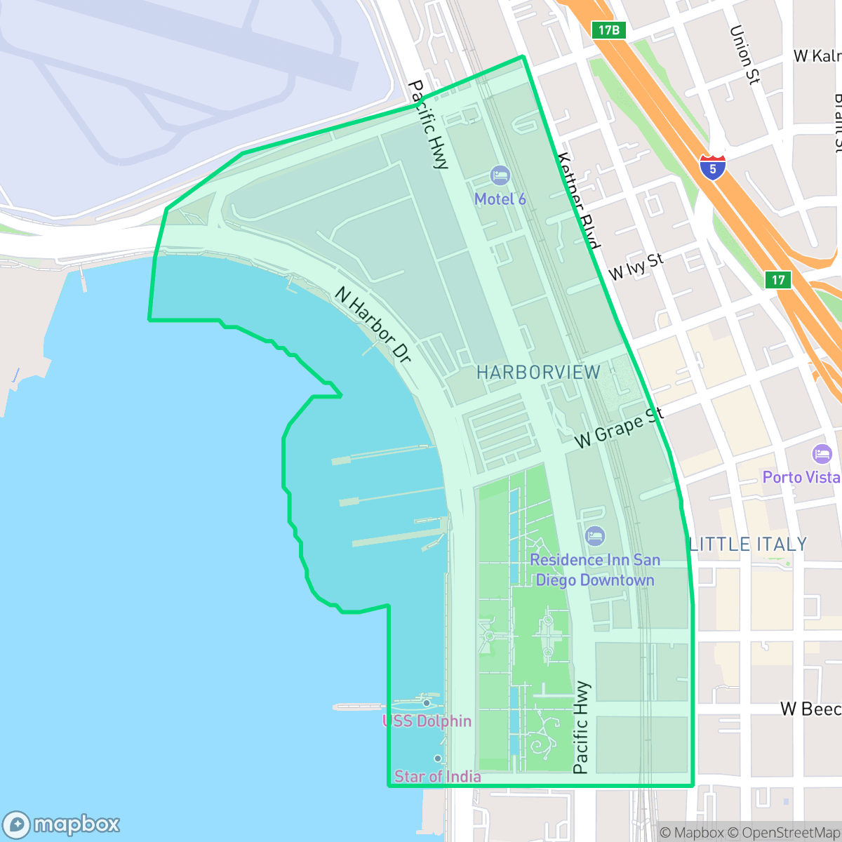 Map showing the location of Harborview, San Diego, CA