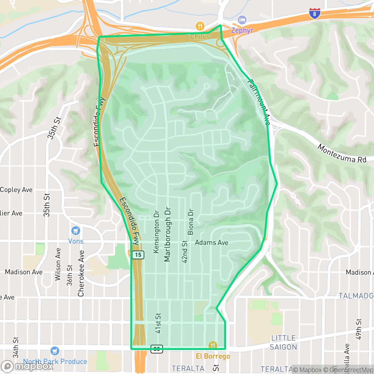 Map showing the location of Kensington, San Diego, CA