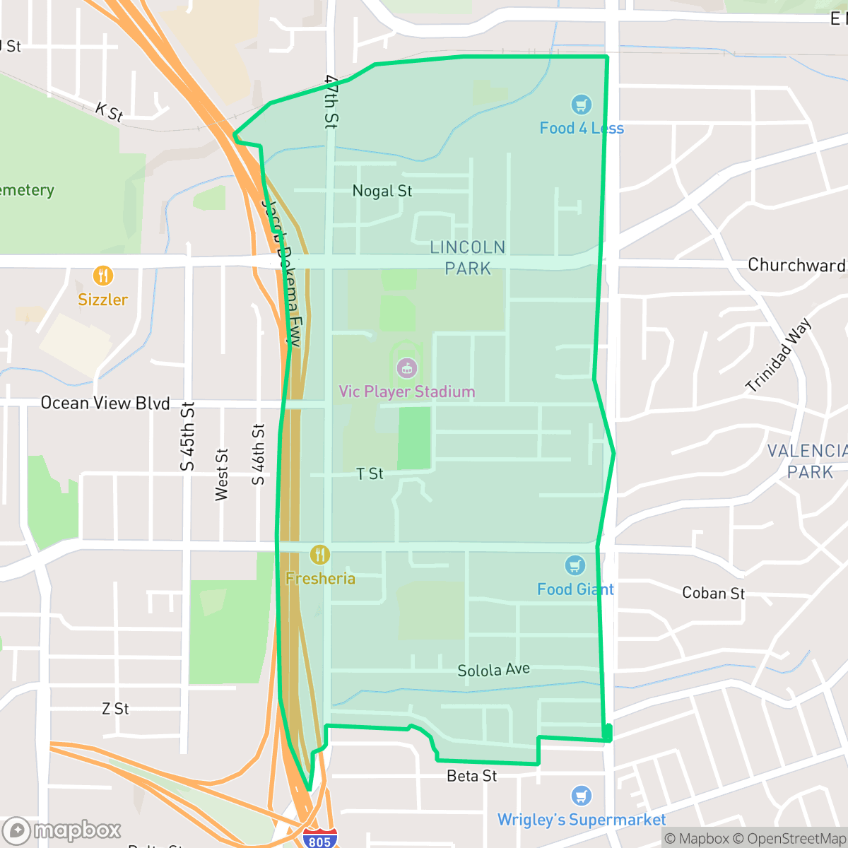 Map showing the location of Lincoln Park, San Diego, CA