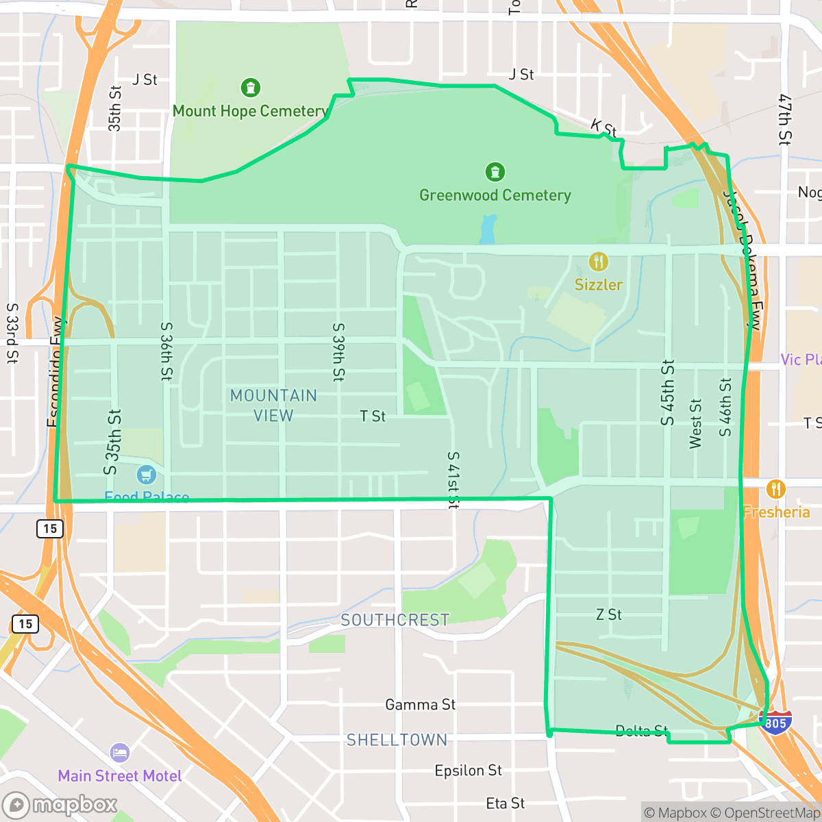 Map showing the location of Mountain View, San Diego, CA