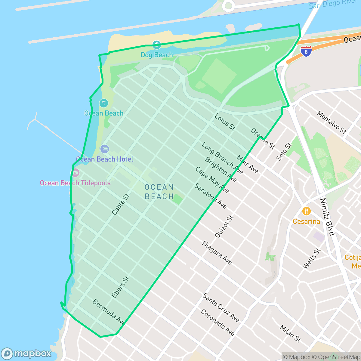 Map showing the location of Ocean Beach, San Diego, CA