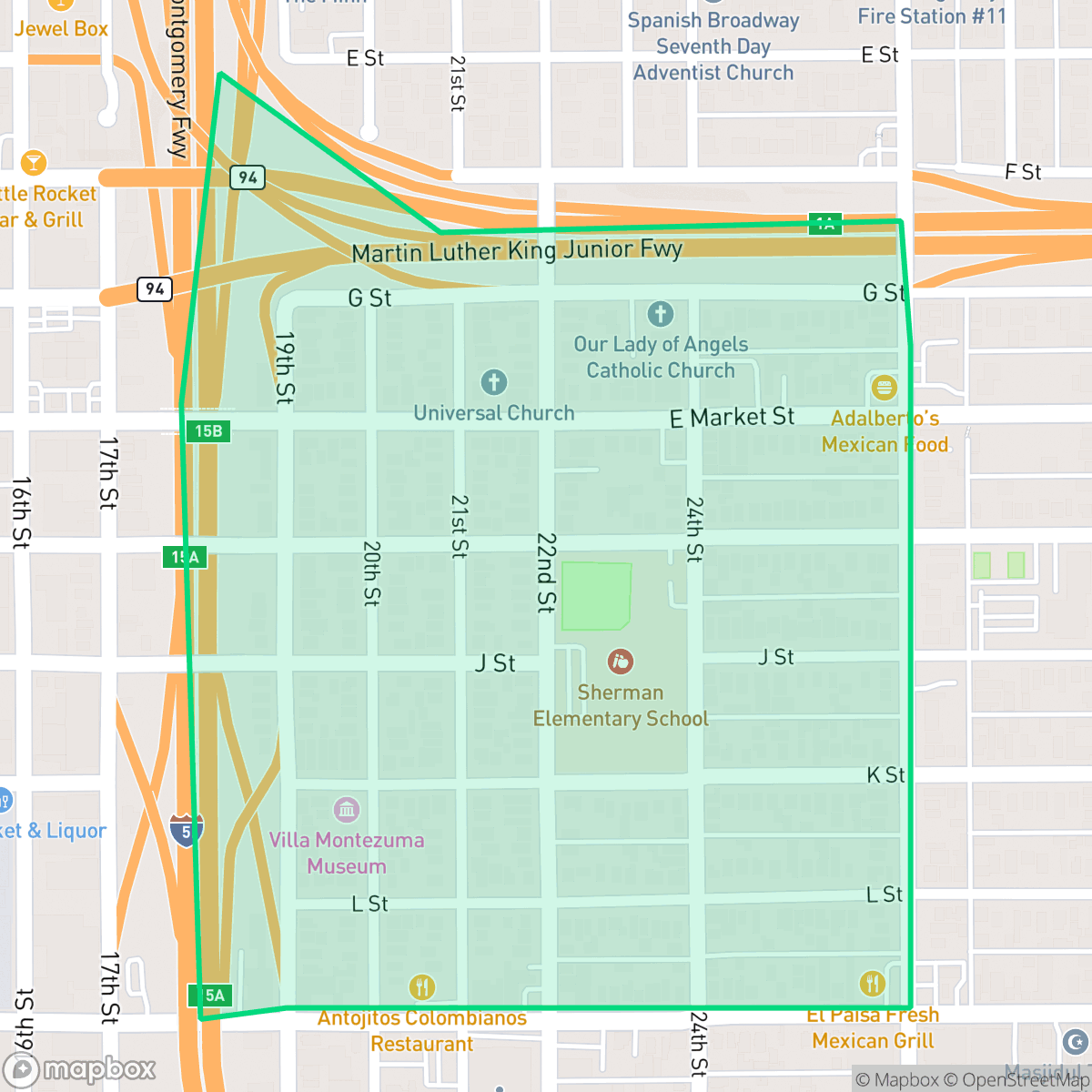 Map showing the location of Sherman Heights, San Diego, CA