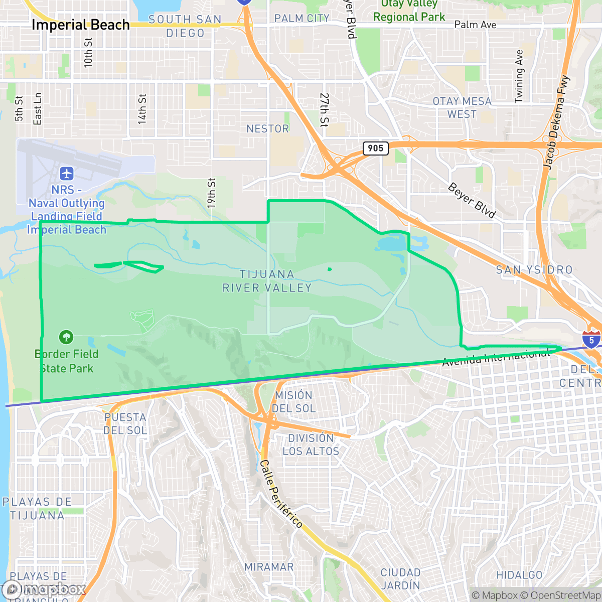 Map showing the location of Tijuana River Valley, San Diego, CA