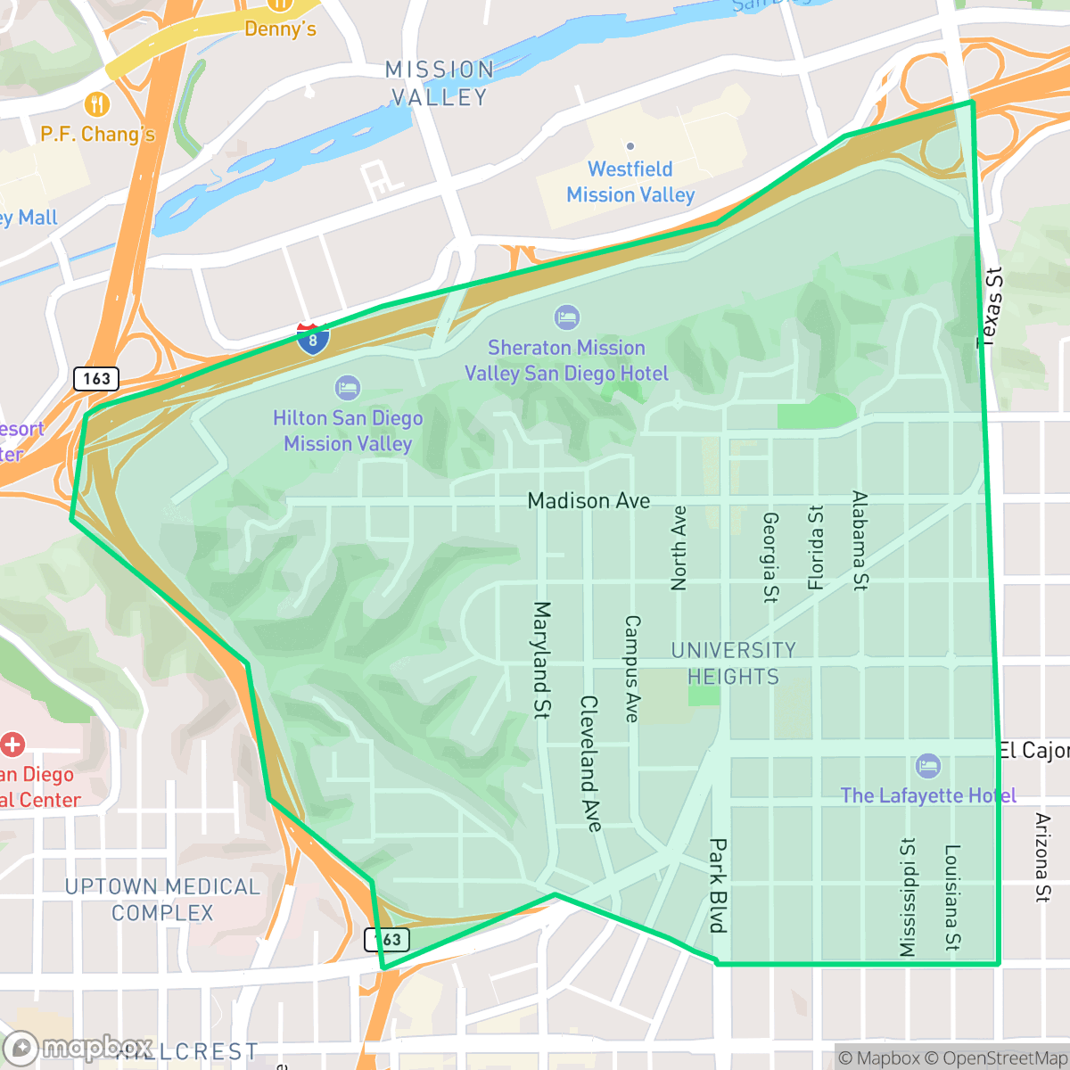Map showing the location of University Heights, San Diego, CA