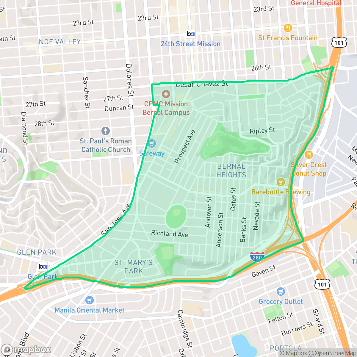 Map showing the location of Bernal Heights, San Francisco, CA
