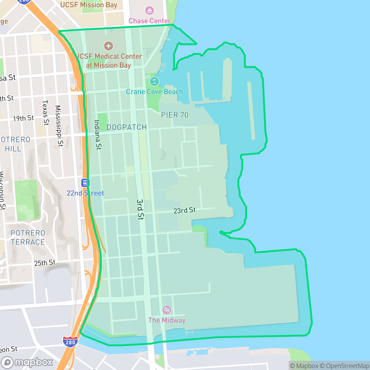 Map showing the location of Central Waterfront - Dogpatch, San Francisco, CA