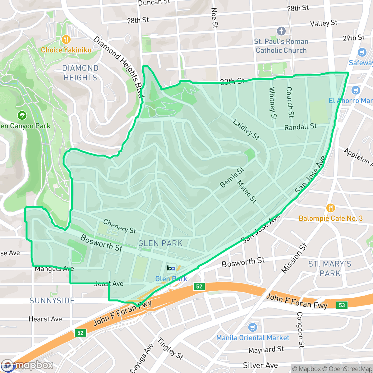 Map showing the location of Glen Park, San Francisco, CA