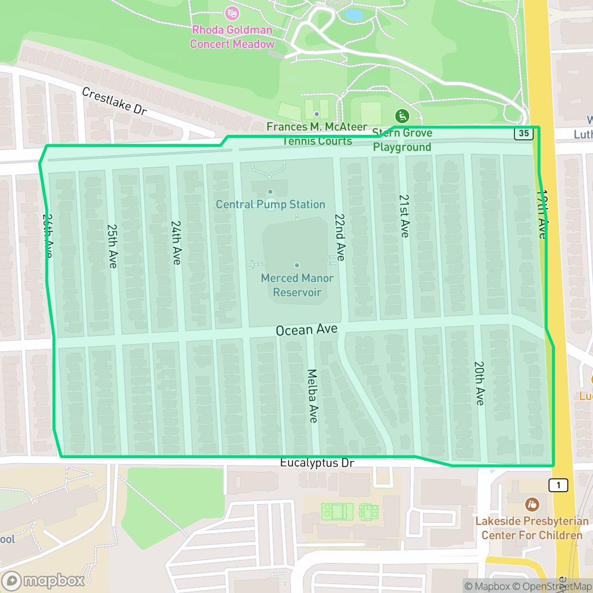 Map showing the location of Merced Manor, San Francisco, CA