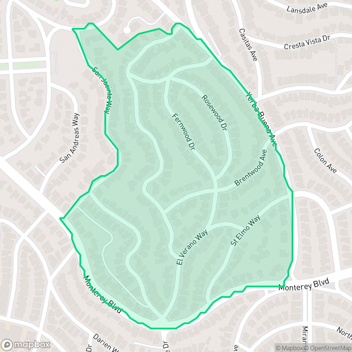 Map showing the location of Monterey Heights, San Francisco, CA