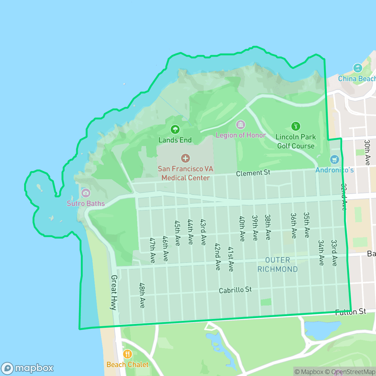 Map showing the location of Outer Richmond, San Francisco, CA