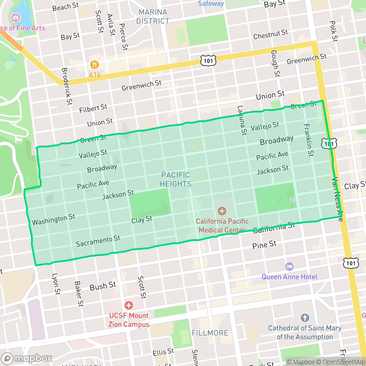 Map showing the location of Pacific Heights, San Francisco, CA