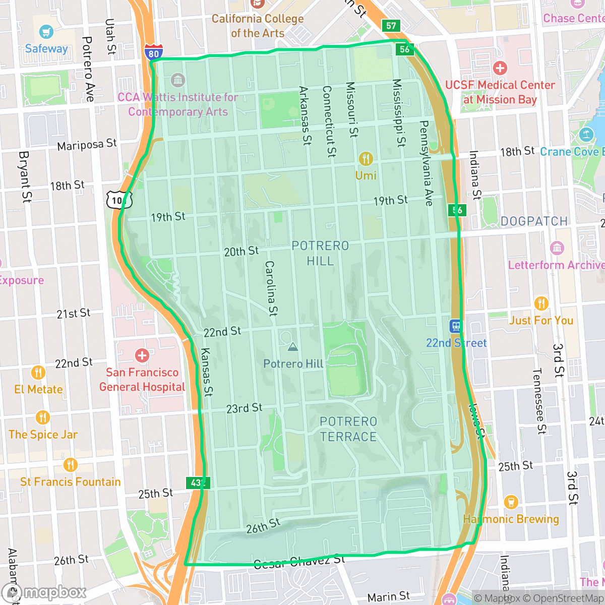 Map showing the location of Potrero Hill, San Francisco, CA
