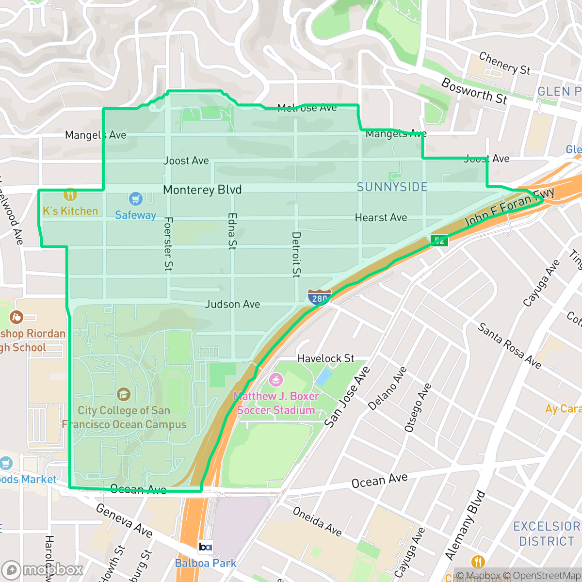 Map showing the location of Sunnyside, San Francisco, CA