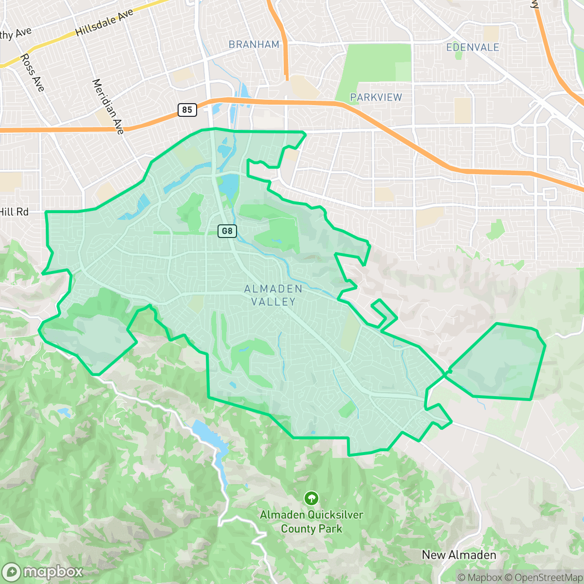 Map showing the location of Almaden Valley, San Jose, CA