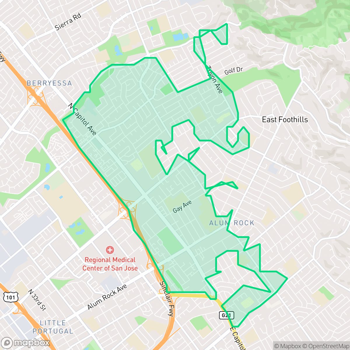 Map showing the location of Alum Rock-East Foothills, San Jose, CA