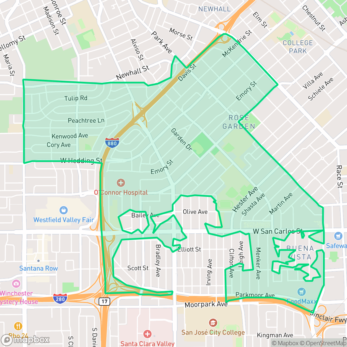 Map showing the location of Rose Garden, San Jose, CA