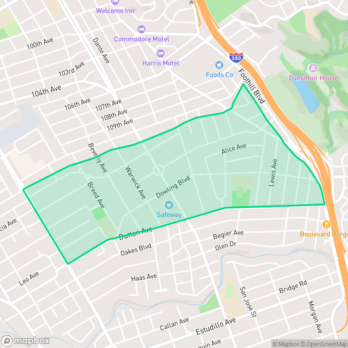 Map showing the location of Broadmoor, San Leandro, CA