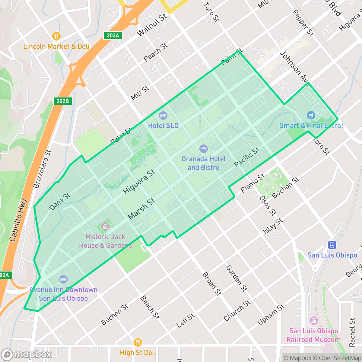 Map showing the location of Downtown, San Luis Obispo, CA