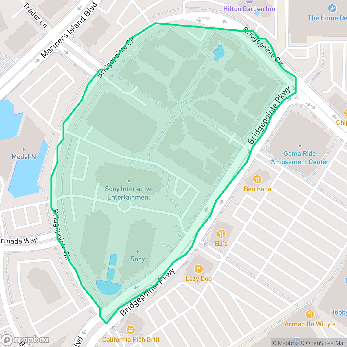 Map showing the location of Bridgepointe, San Mateo, CA