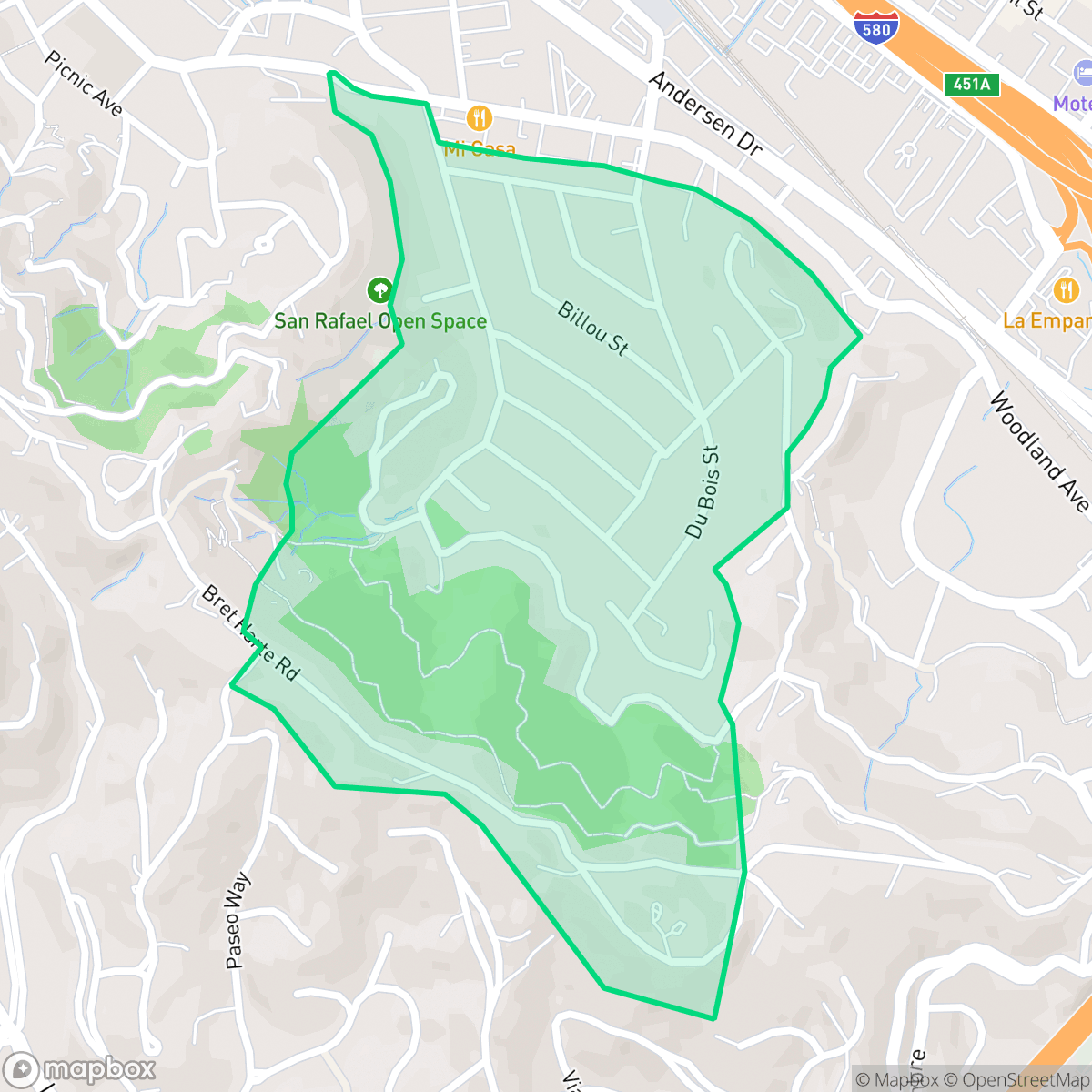 Map showing the location of Bret Harte, San Rafael, CA