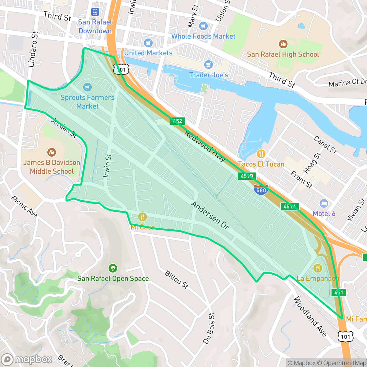 Map showing the location of Francisco Boulevard West, San Rafael, CA