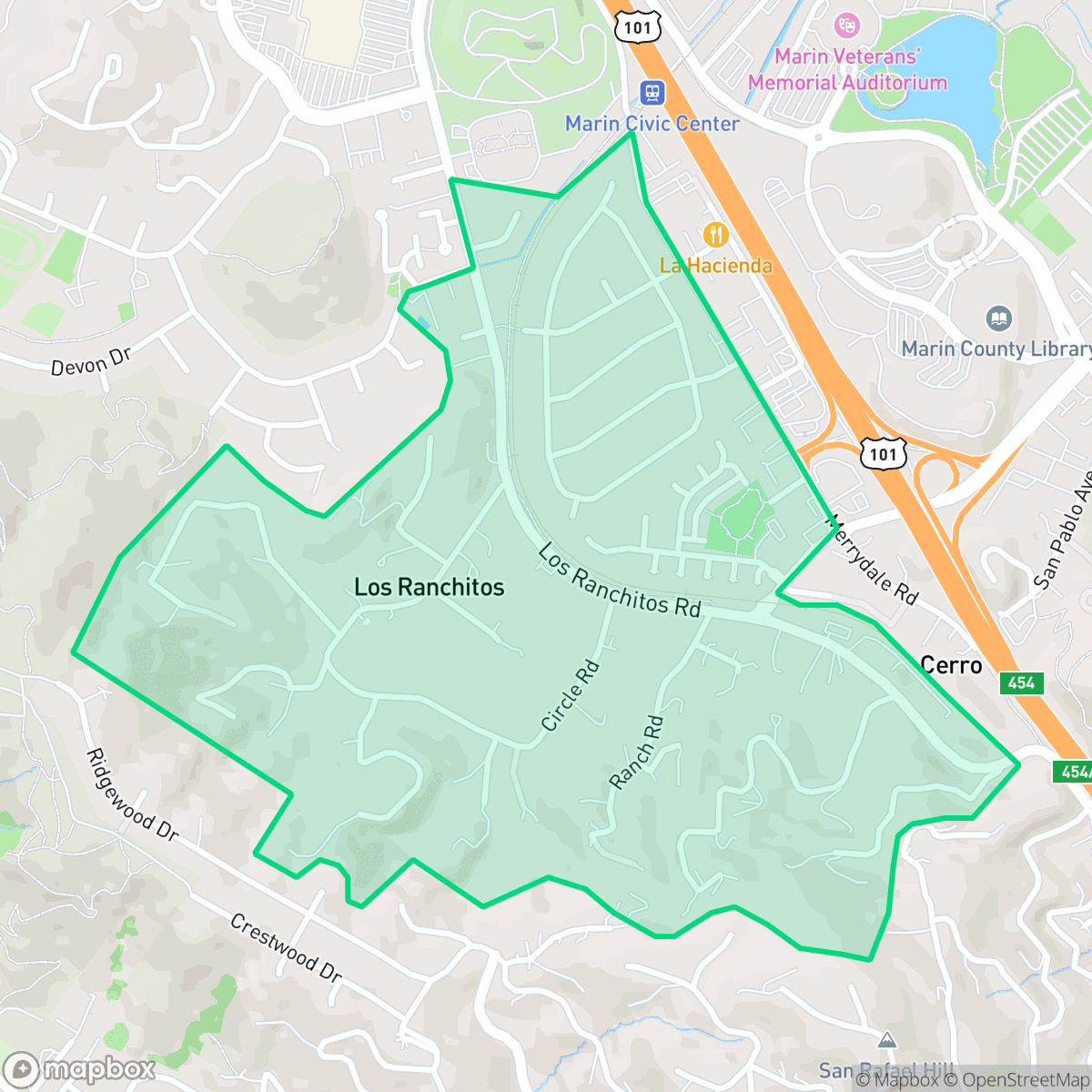 Map showing the location of Rafael Meadows/Los Ranchitos, San Rafael, CA