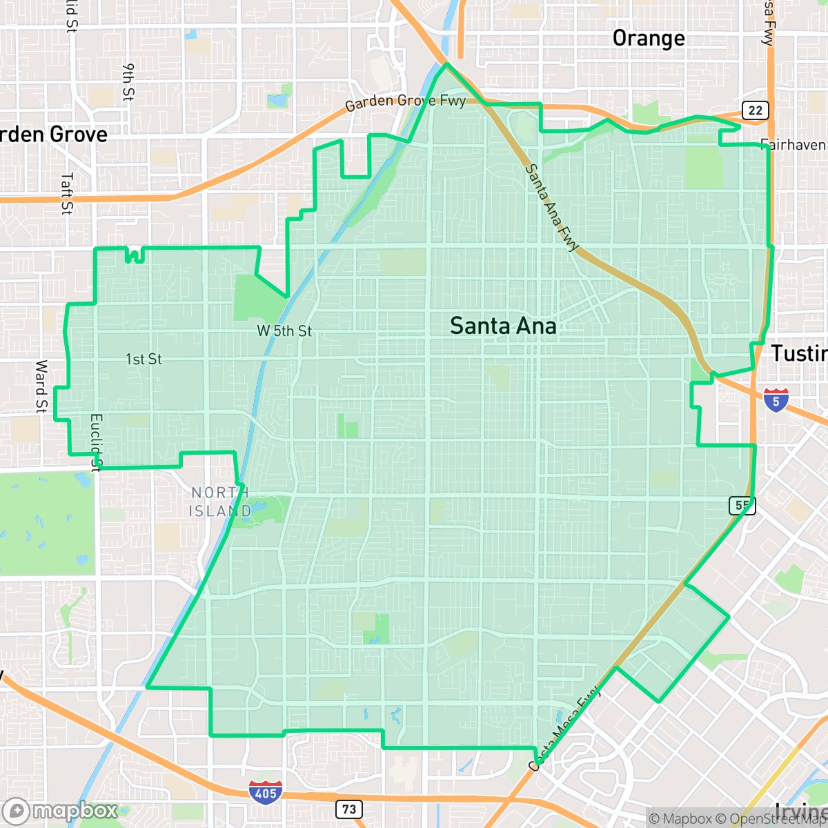 Map showing the location of Santa Ana, CA — coverage area