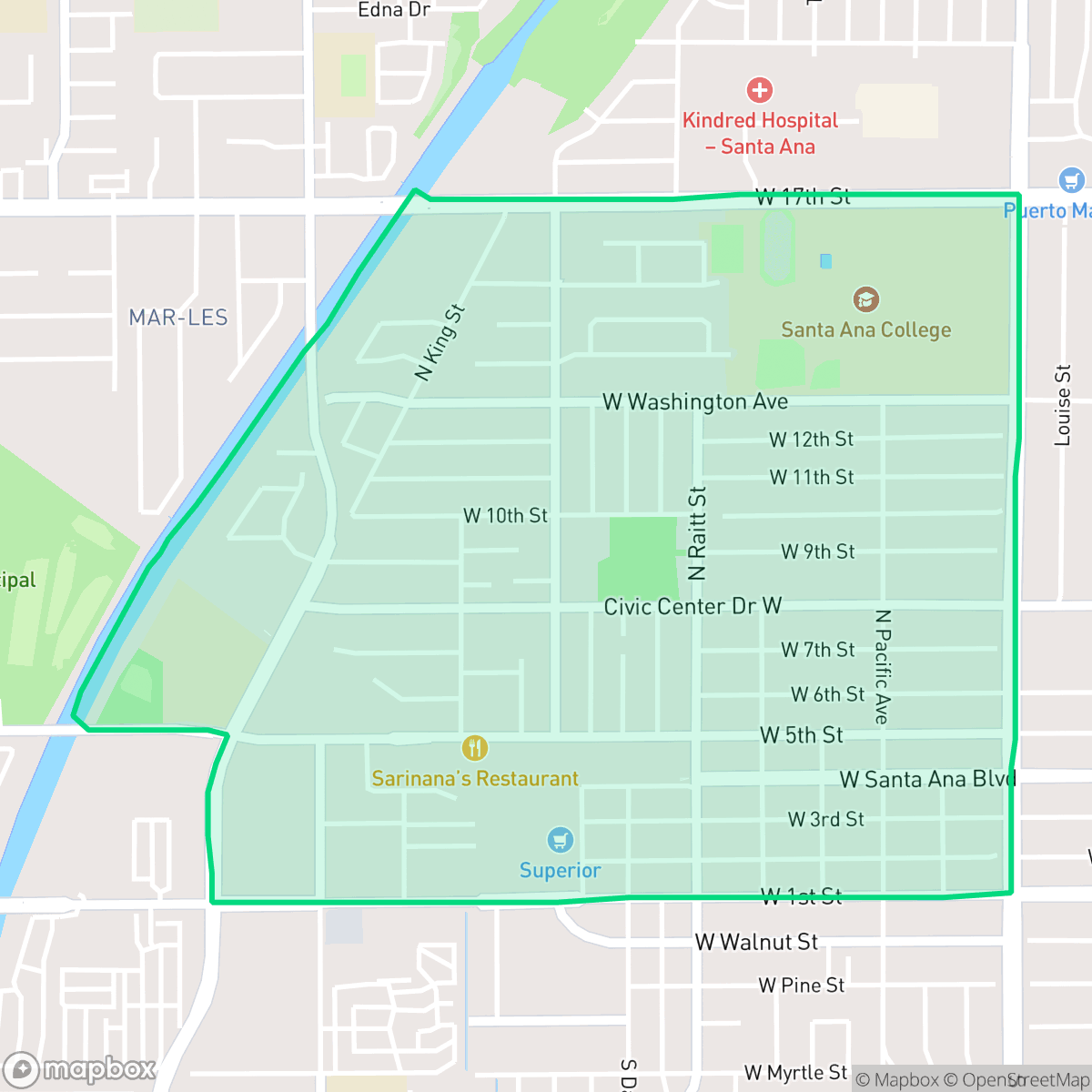 Map showing the location of Artesia Pilar, Santa Ana, CA
