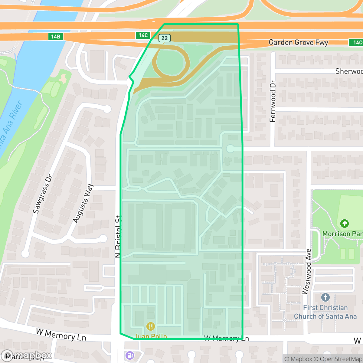 Map showing the location of Bristol Memory Coalition, Santa Ana, CA