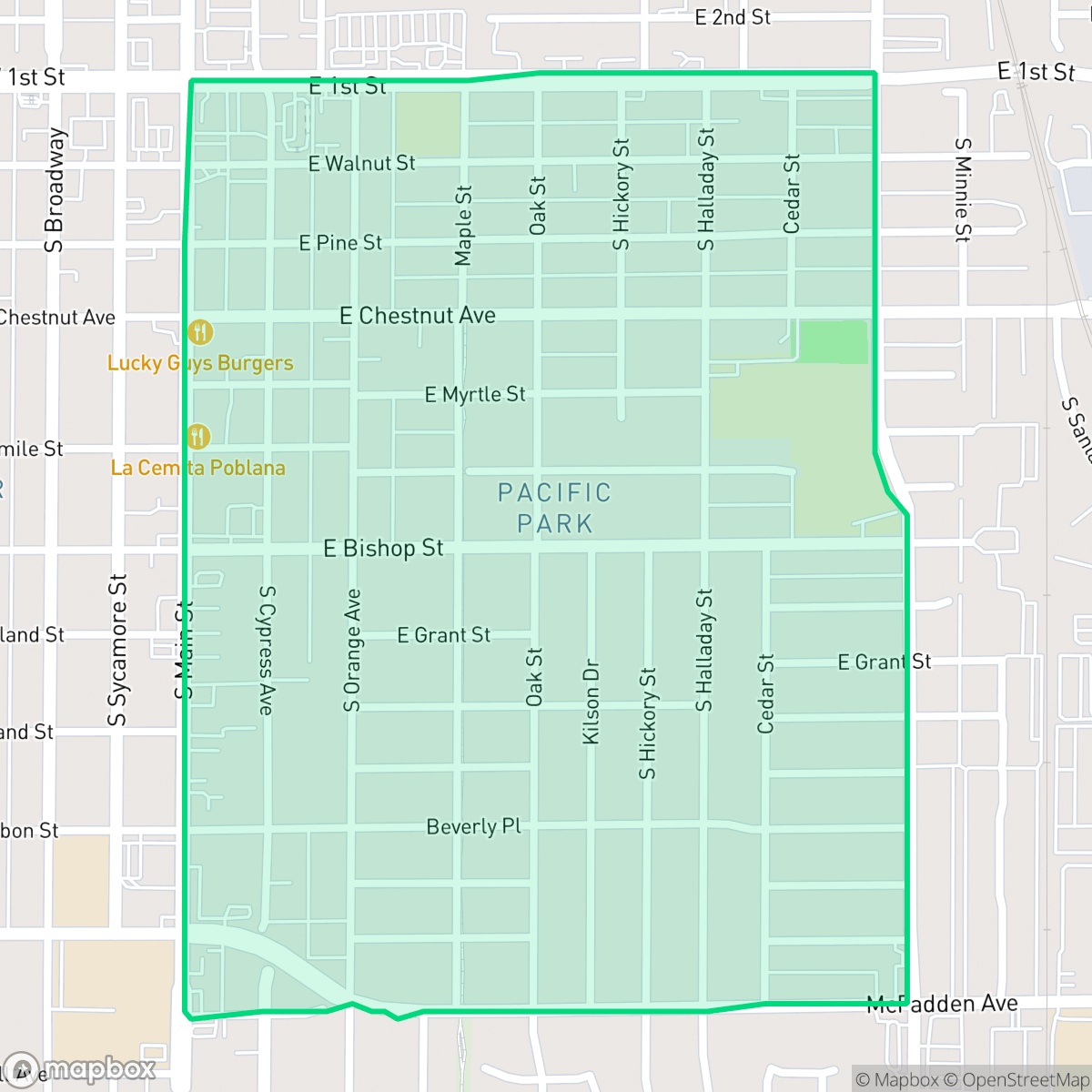 Map showing the location of Eastside, Santa Ana, CA