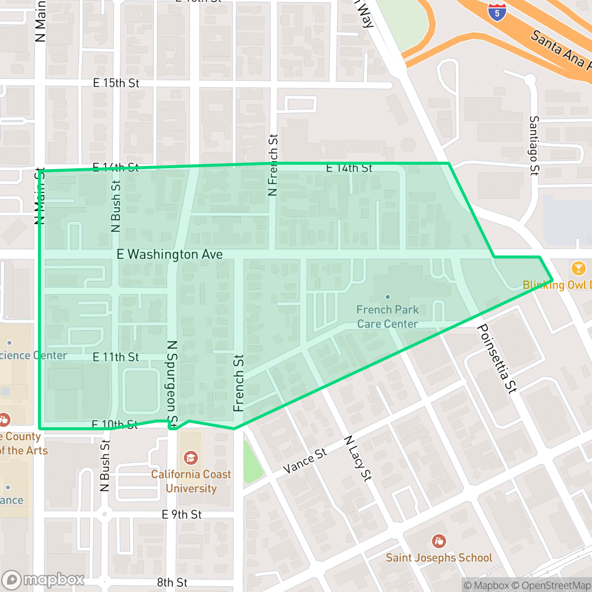 Map showing the location of French Park, Santa Ana, CA