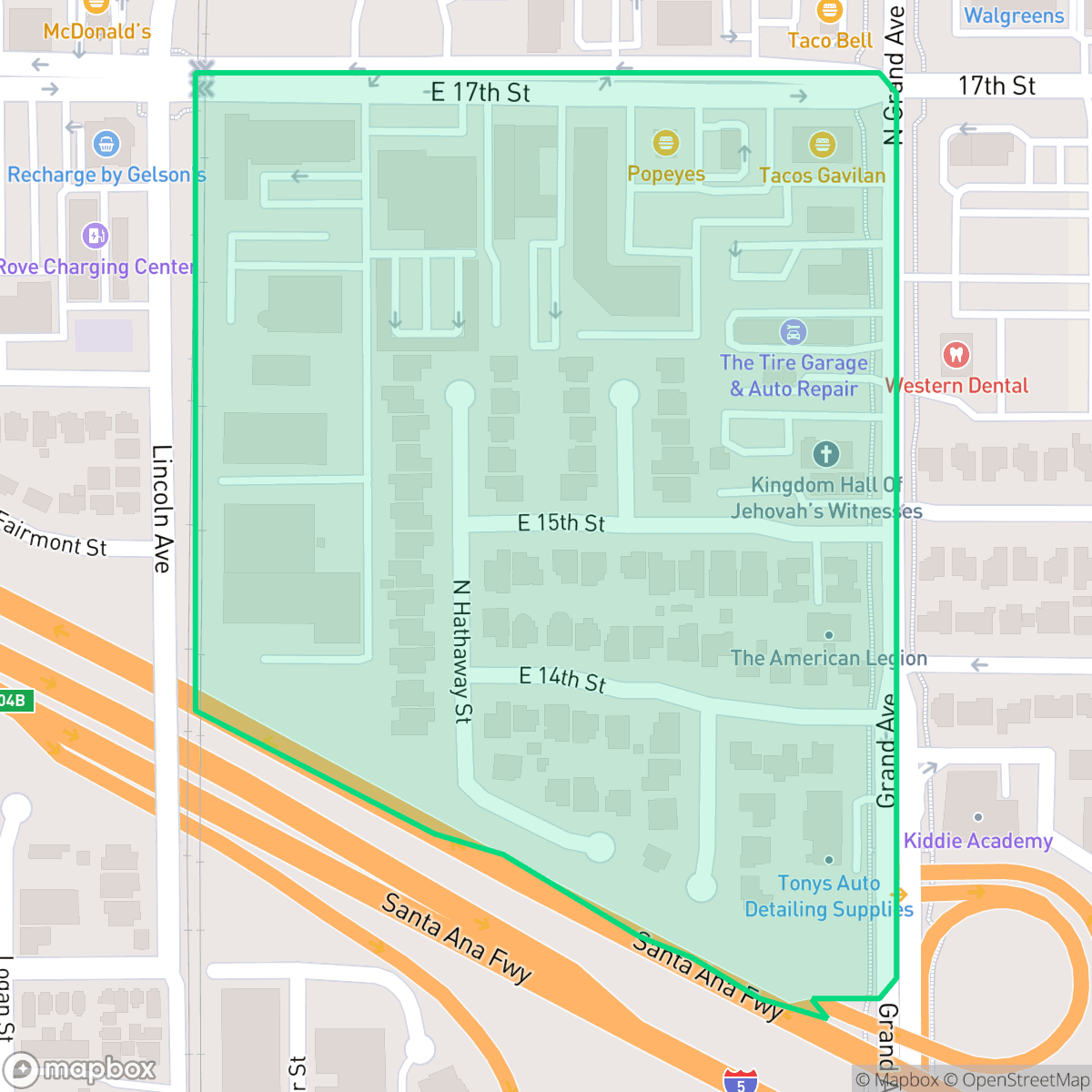 Map showing the location of Grand Sunrise, Santa Ana, CA