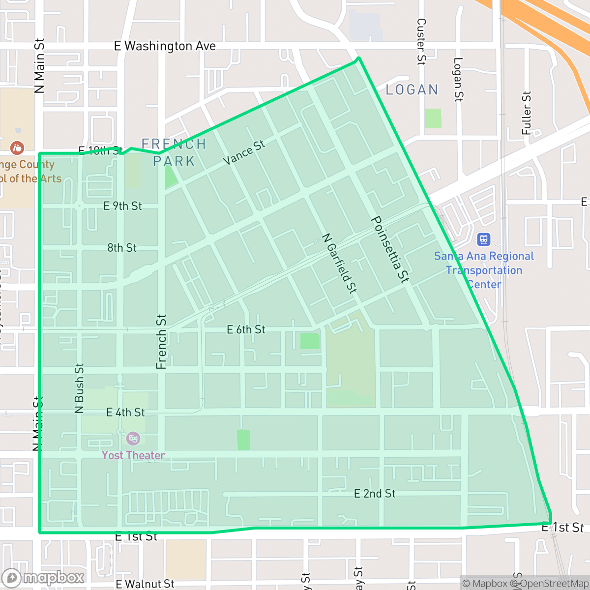 Map showing the location of Lacy, Santa Ana, CA