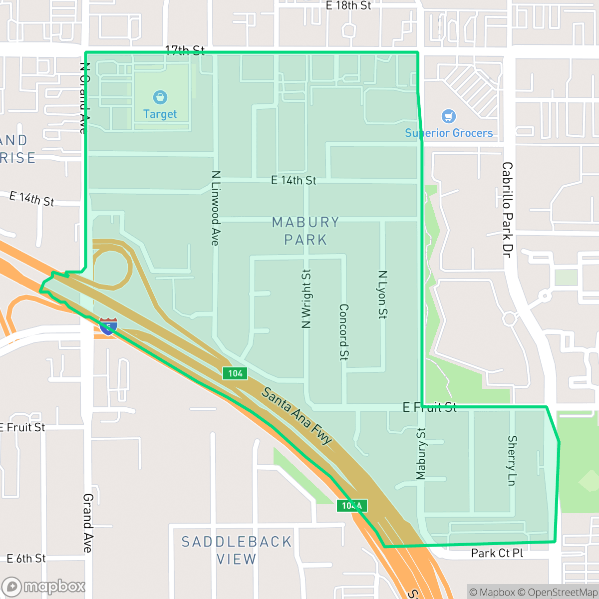 Map showing the location of Mabury Park, Santa Ana, CA