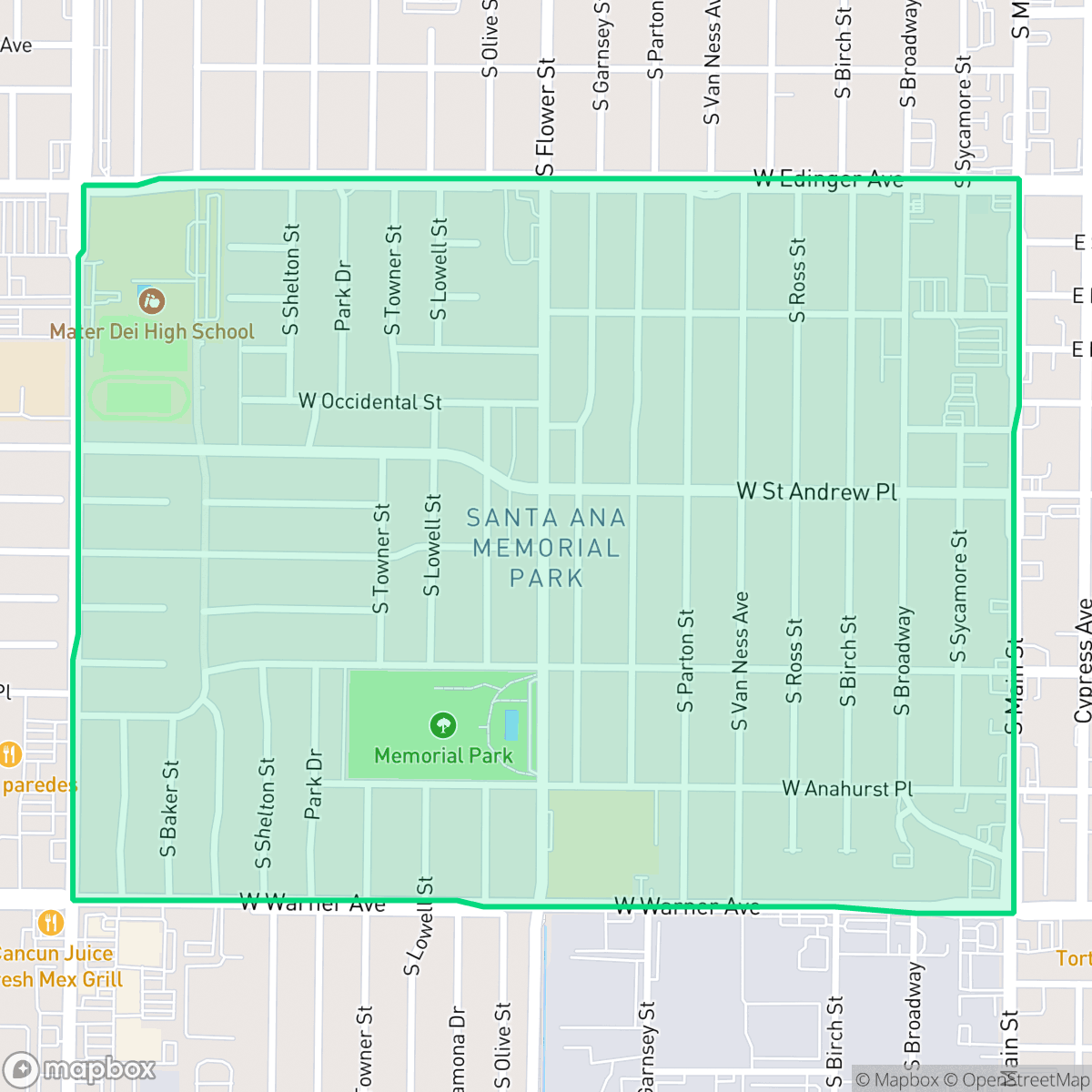 Map showing the location of Memorial Park, Santa Ana, CA