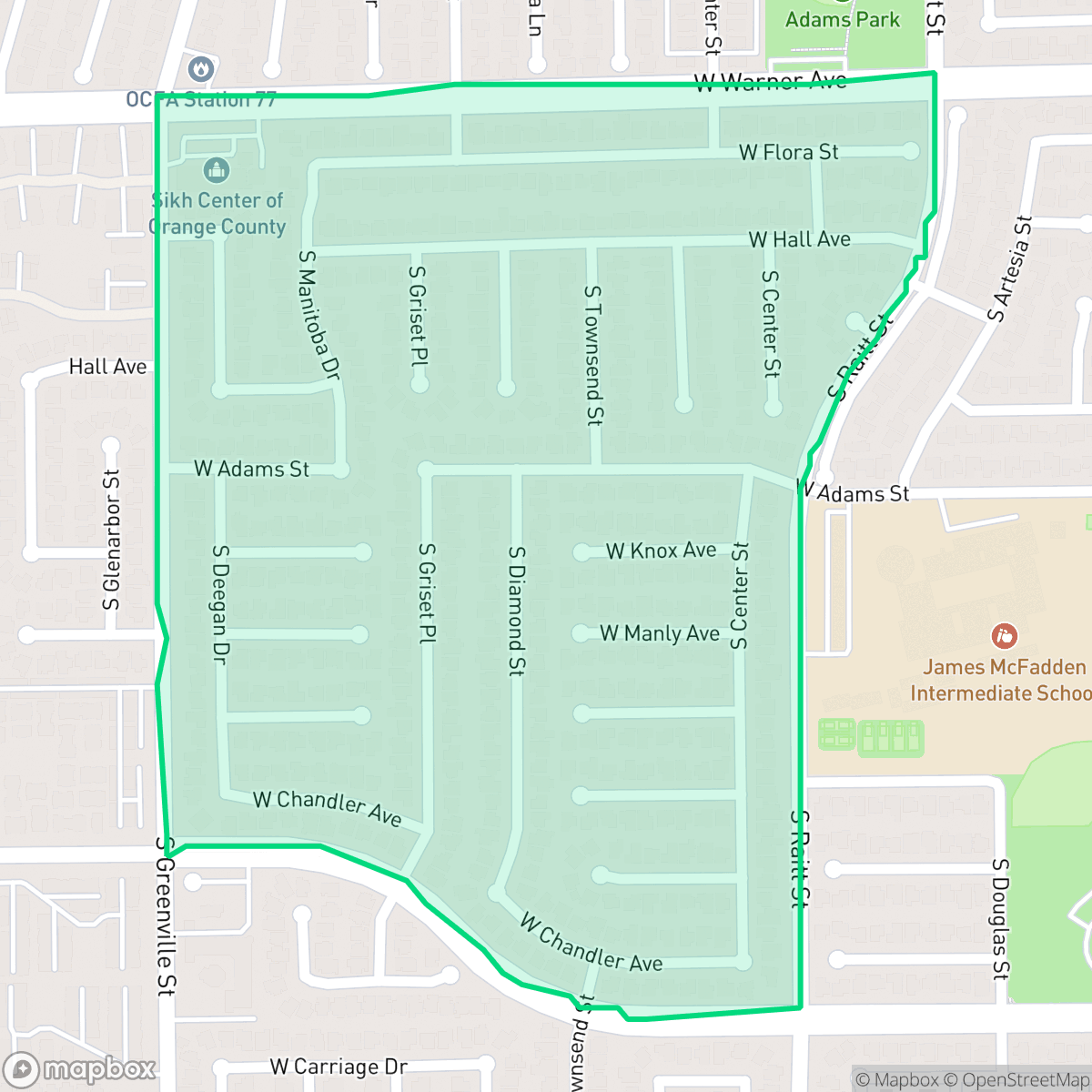 Map showing the location of Morning Sunwood, Santa Ana, CA