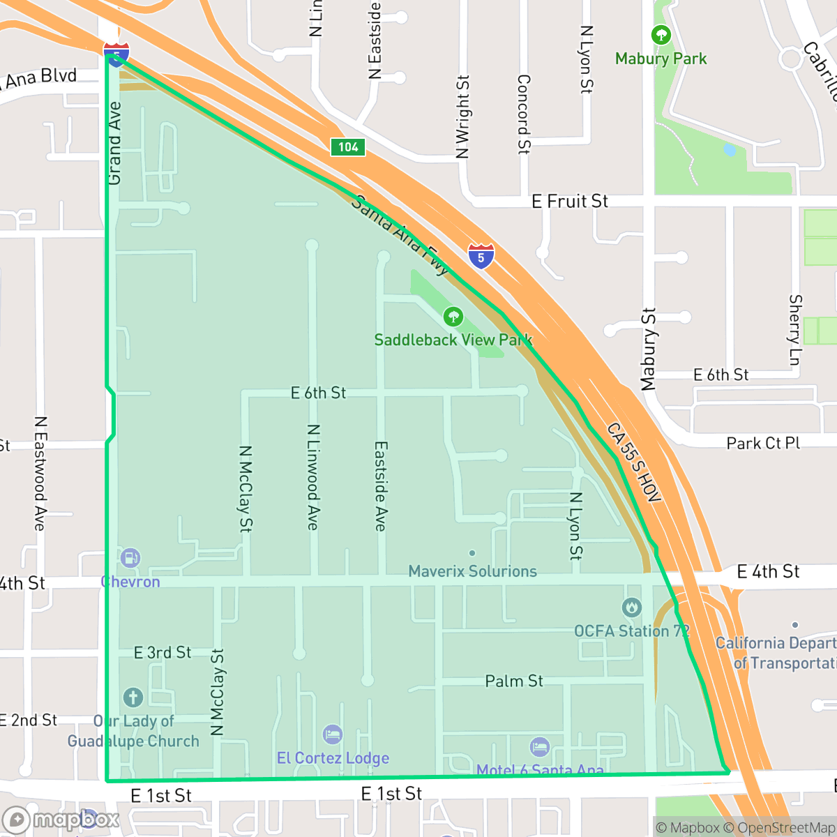 Map showing the location of Saddleback View, Santa Ana, CA