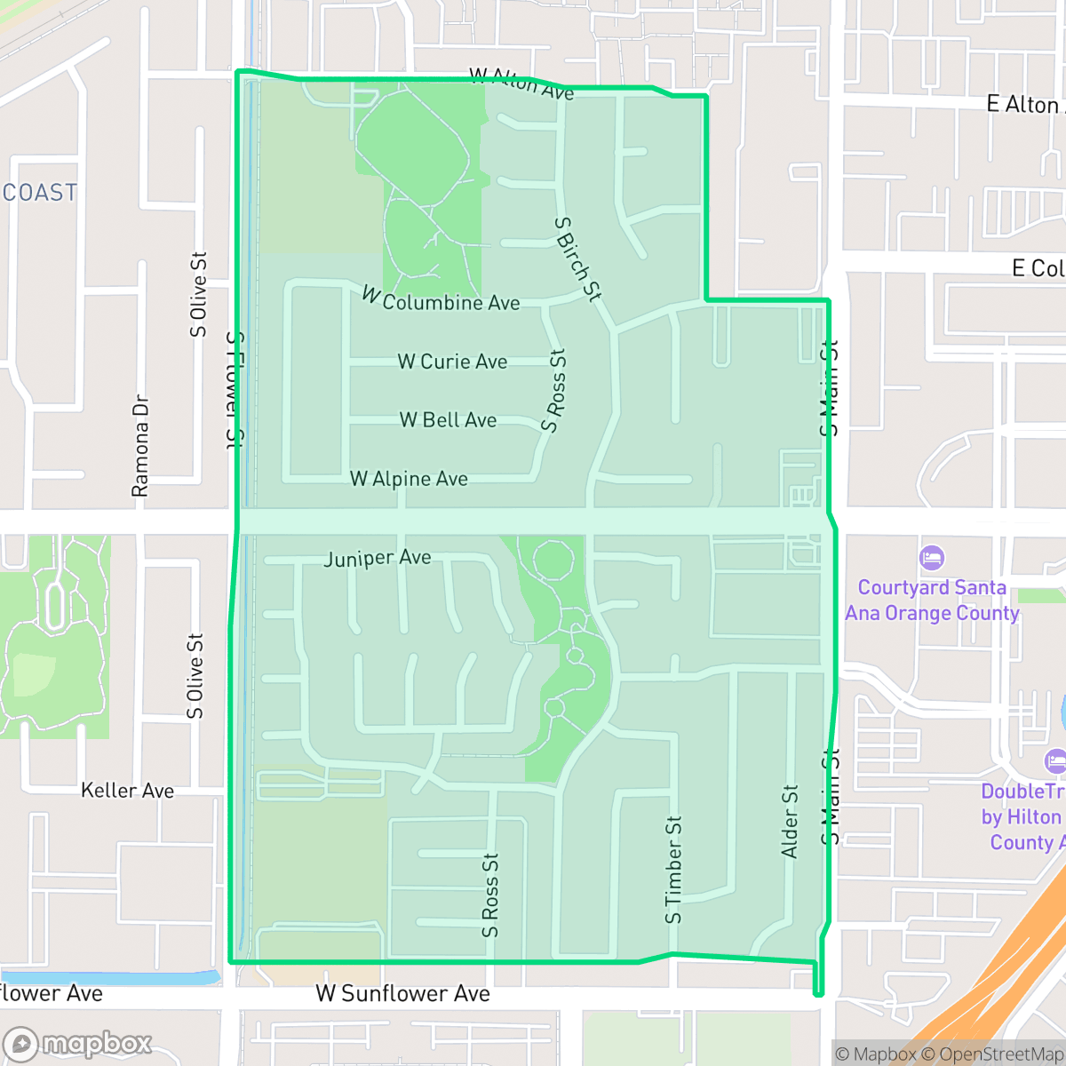 Map showing the location of Sandpointe, Santa Ana, CA
