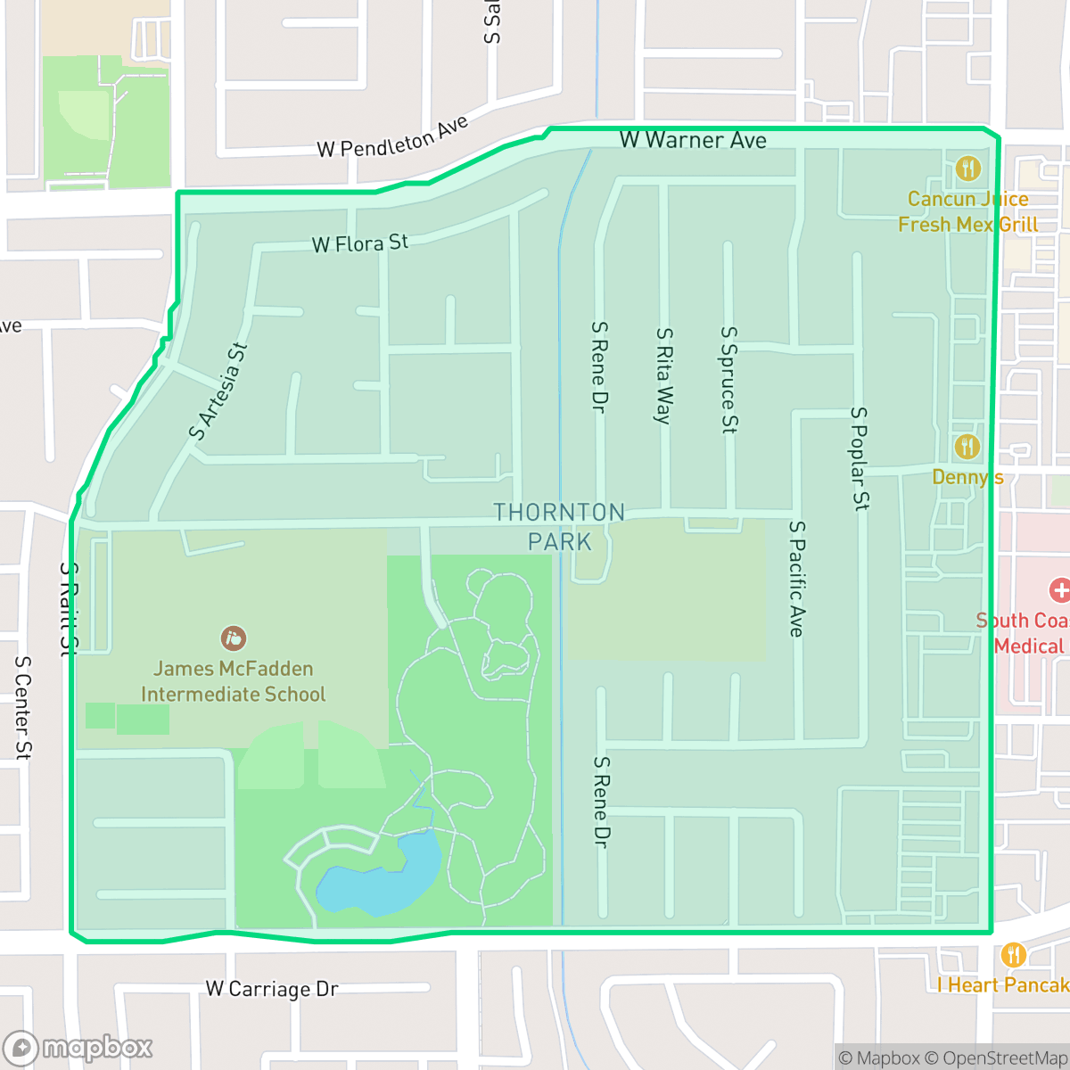 Map showing the location of Thornton Park, Santa Ana, CA