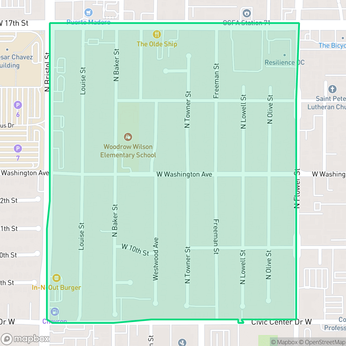 Map showing the location of Washington Square, Santa Ana, CA