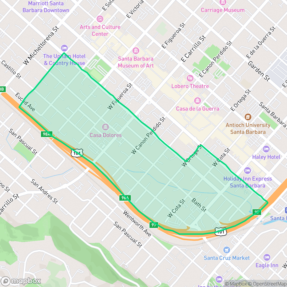 Map showing the location of West Downtown, Santa Barbara, CA