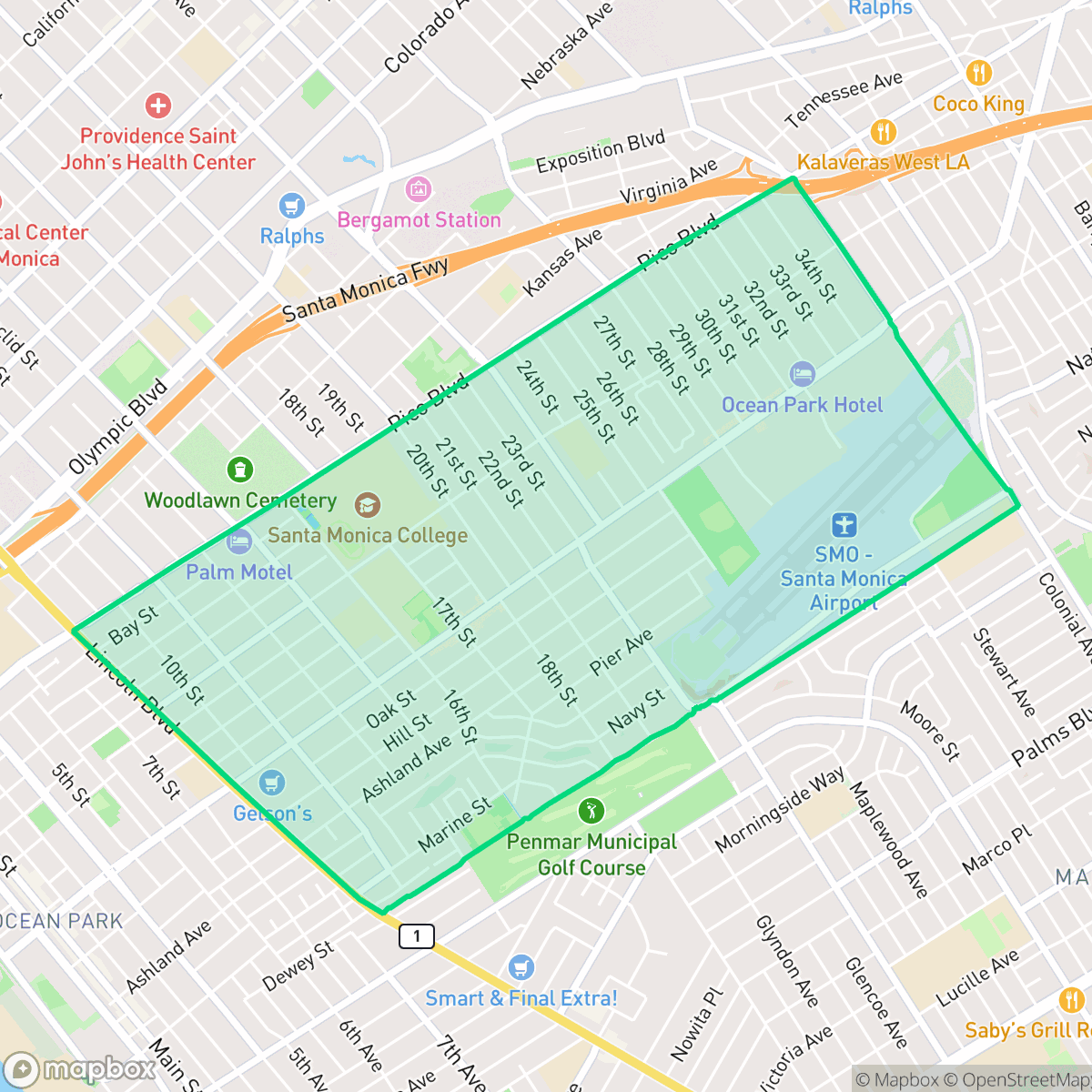 Map showing the location of Sunset Park, Santa Monica, CA