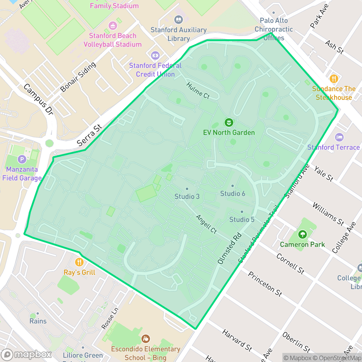Map showing the location of Escondido Village, Stanford, CA