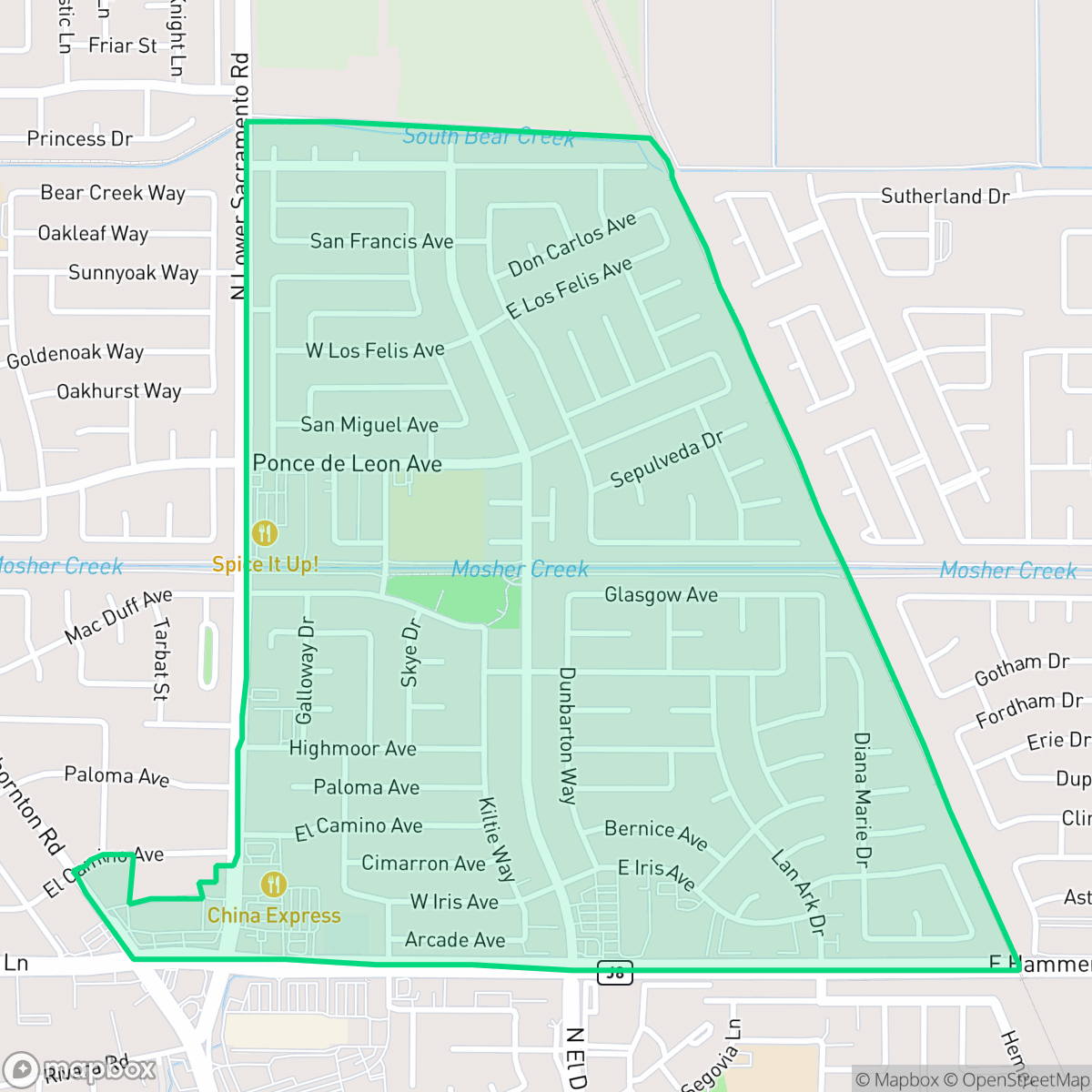 Map showing the location of Ponce de Leon, Stockton, CA