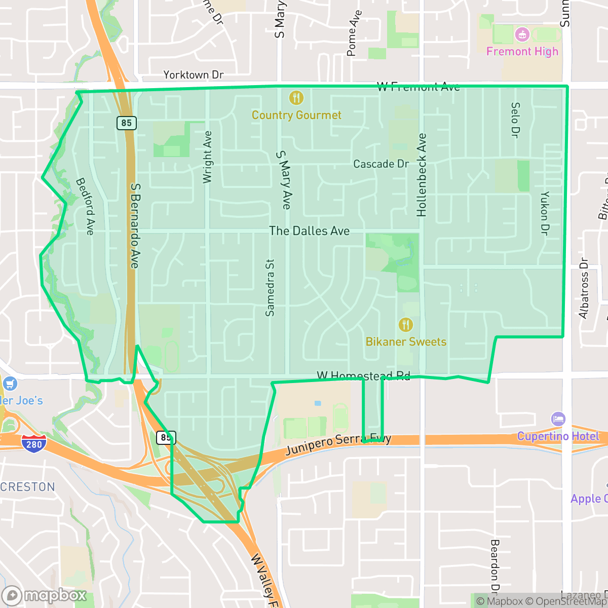 Map showing the location of Serra, Sunnyvale, CA
