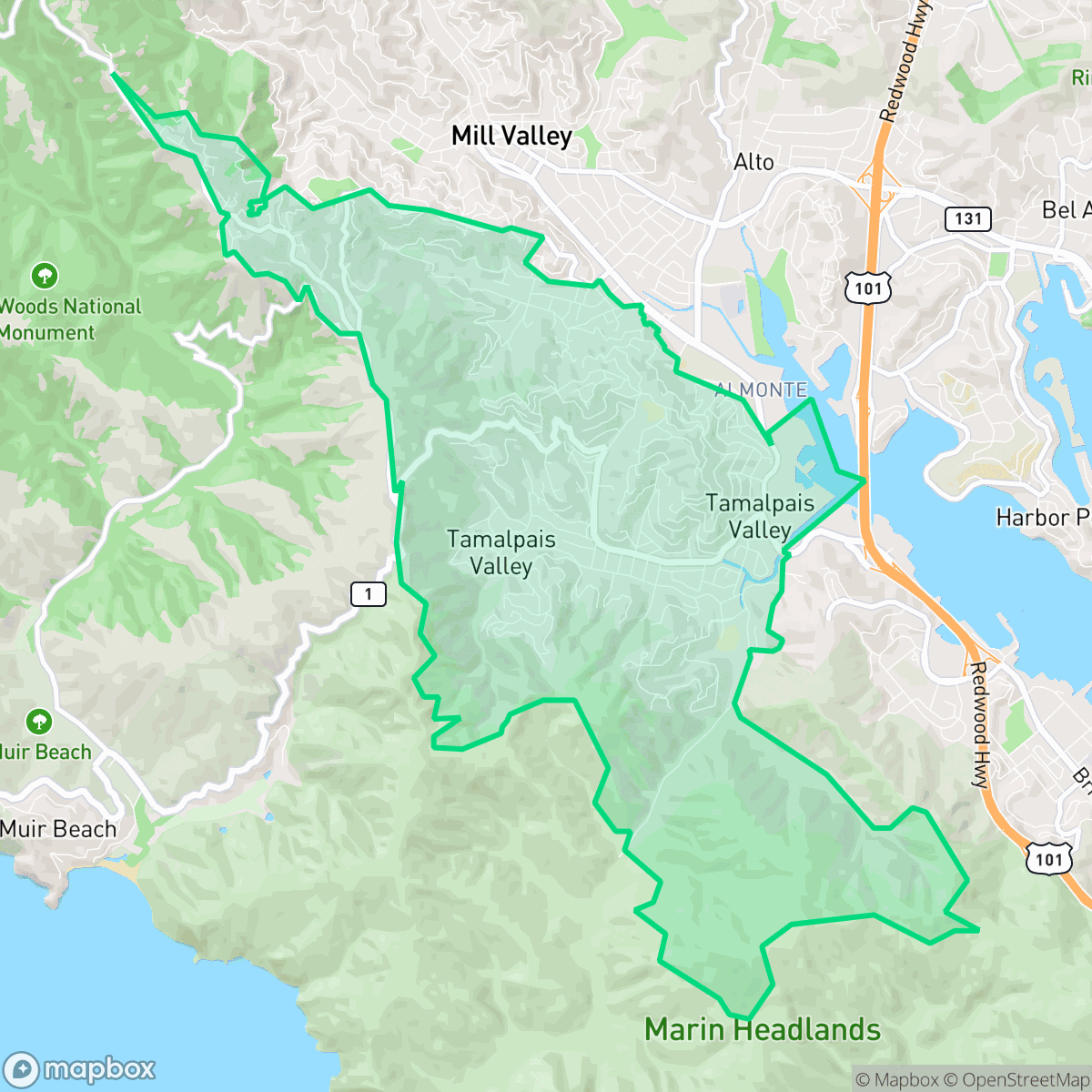 Map showing the location of Tamalpais-Homestead Valley, CA — coverage area