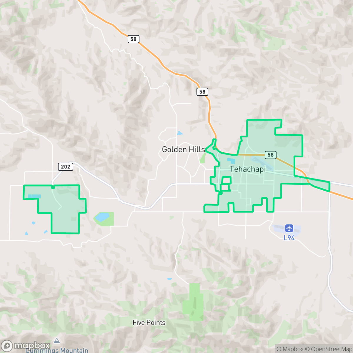 Map showing the location of Tehachapi, CA — coverage area